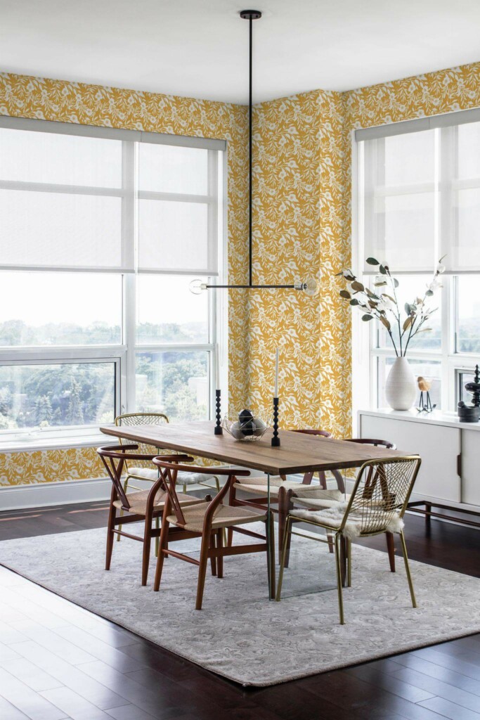 Modern minimalist style dining room decorated with Retro floral peel and stick wallpaper