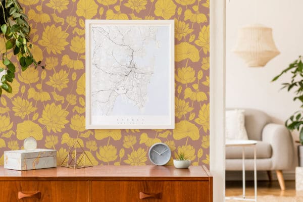 Yellow and brown retro floral pattern peel and stick wallpaper