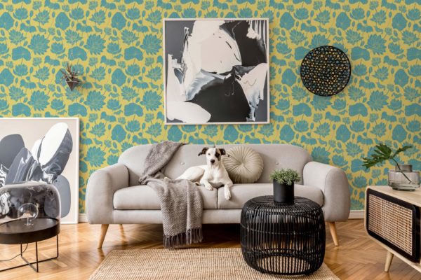 Teal and yellow dahlia stick on wallpaper