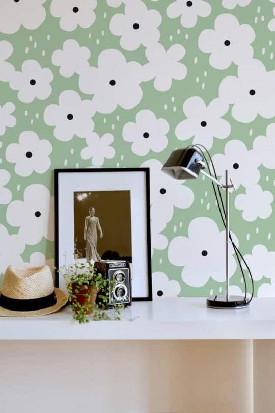 Green retro floral peel and stick wallpaper