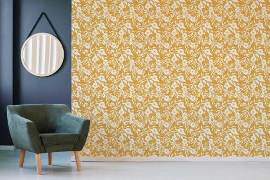 Yellow retro floral wallpaper for walls