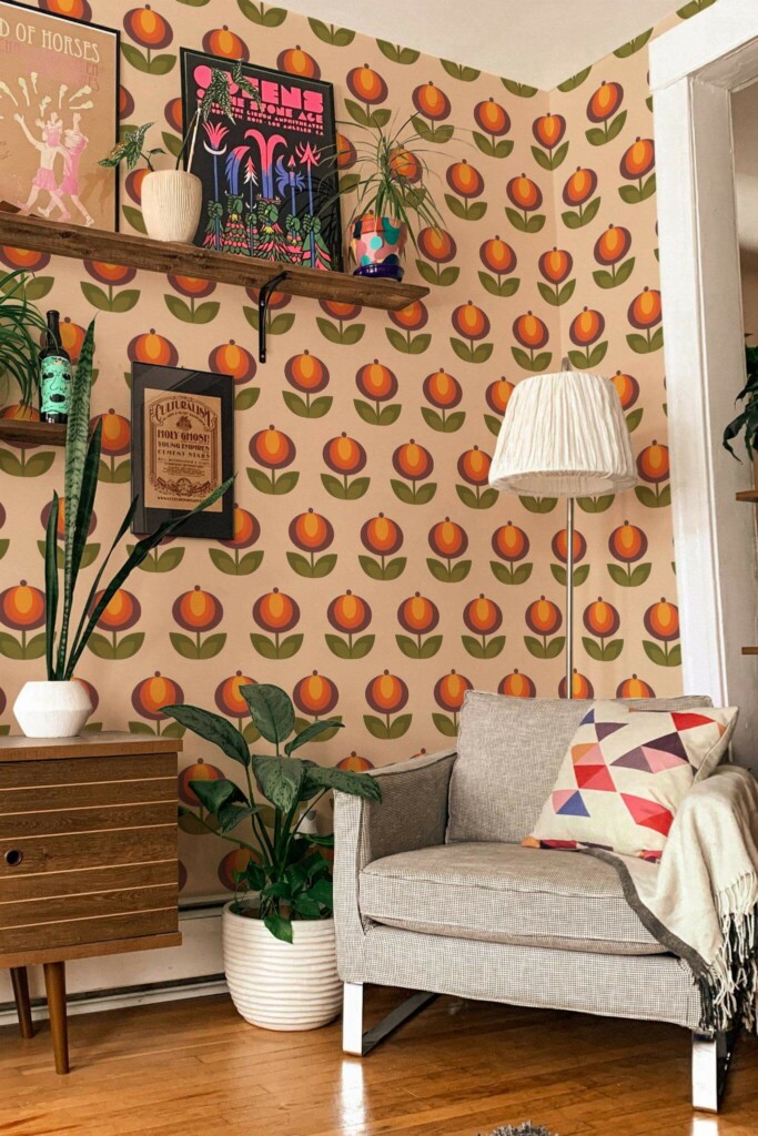 Eclectic style living room decorated with Retro flower peel and stick wallpaper