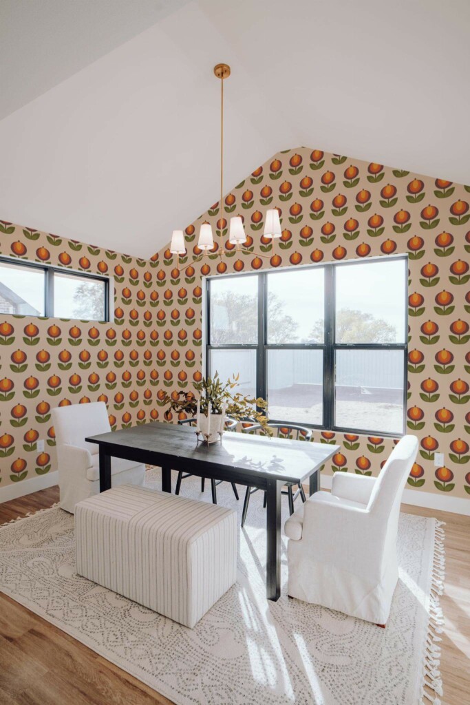 Elegant minimal style dining room decorated with Retro flower peel and stick wallpaper