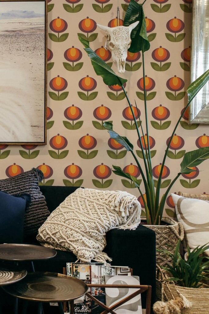 Scandinavian style living room decorated with Retro flower peel and stick wallpaper