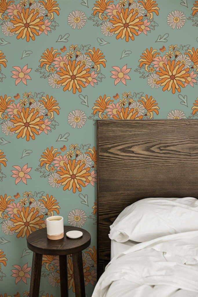 Farmhouse style bedroom decorated with Retro flowers peel and stick wallpaper