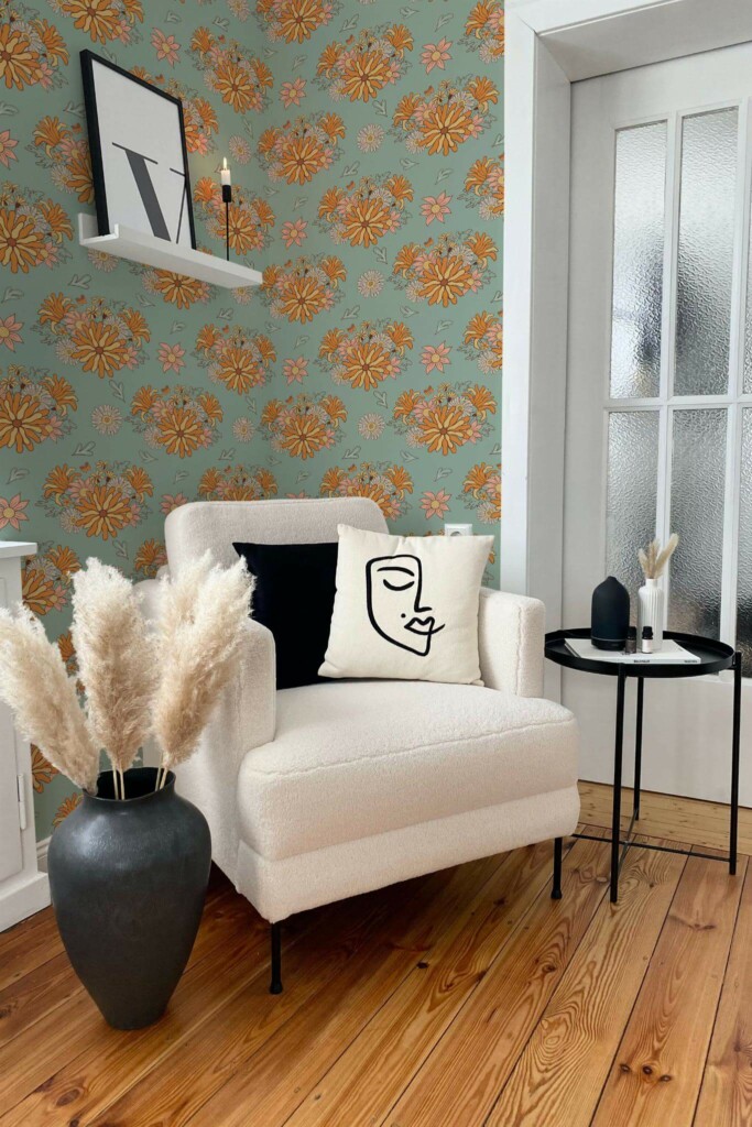 Modern boho style living room decorated with Retro flowers peel and stick wallpaper