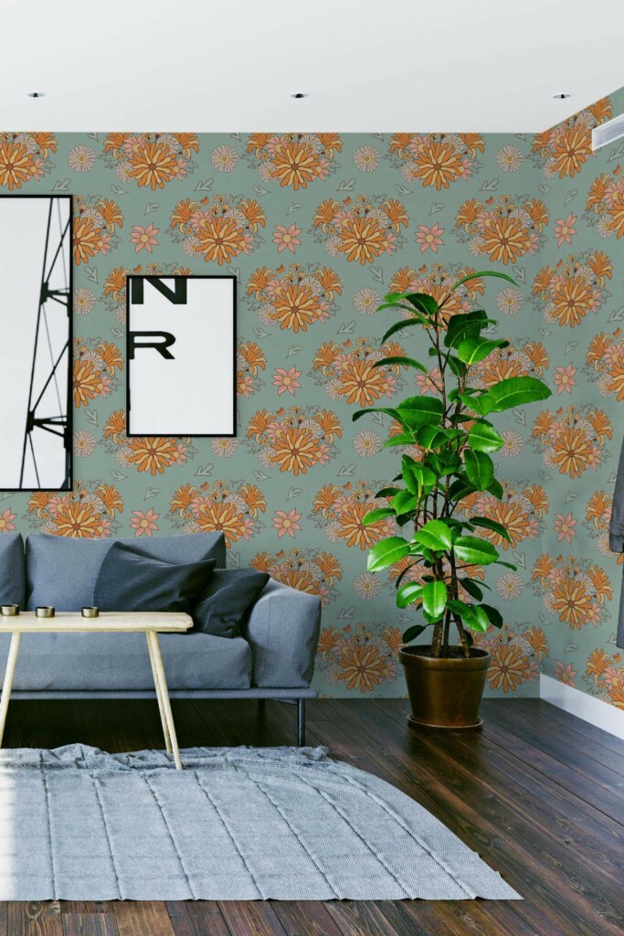 Modern scandinavian style living room decorated with Retro flowers peel and stick wallpaper