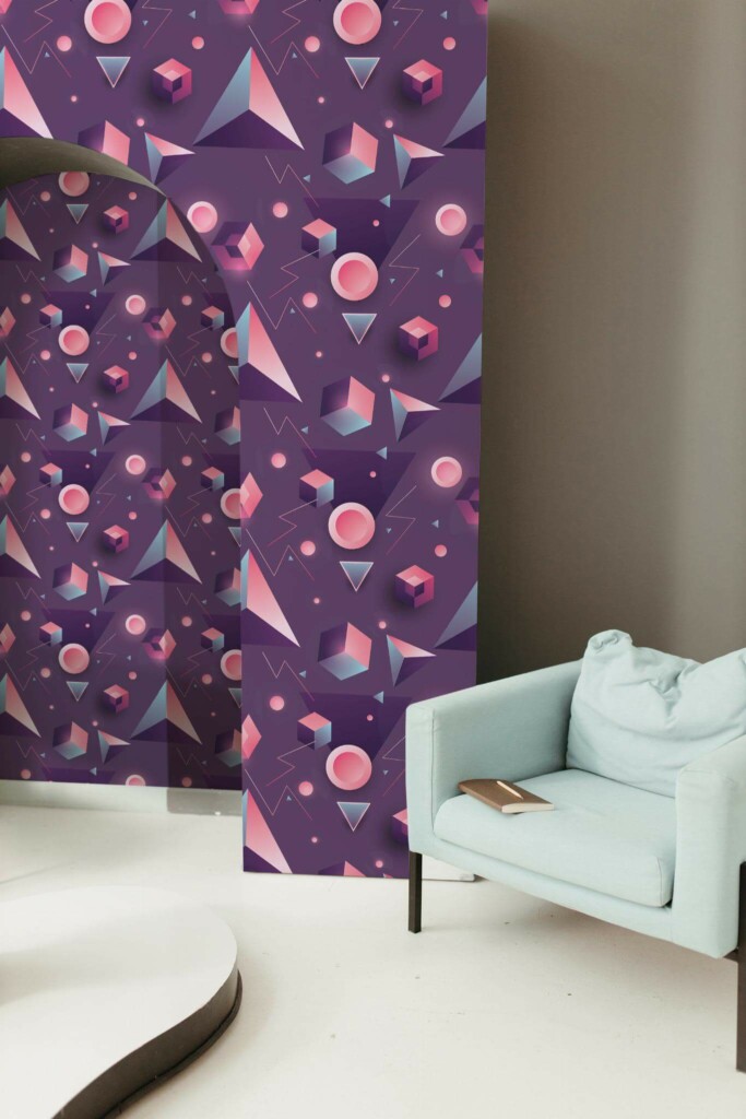 Mondern boho style living room decorated with Retro futurism peel and stick wallpaper