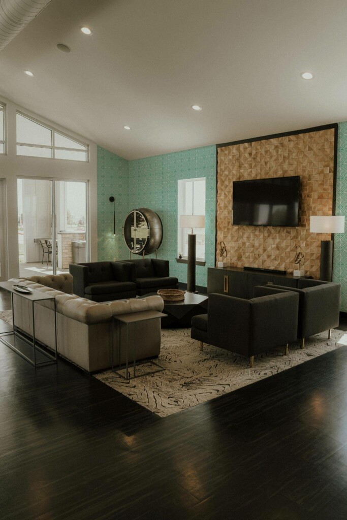 Hollywood glam style living room decorated with Retro geometric circle peel and stick wallpaper