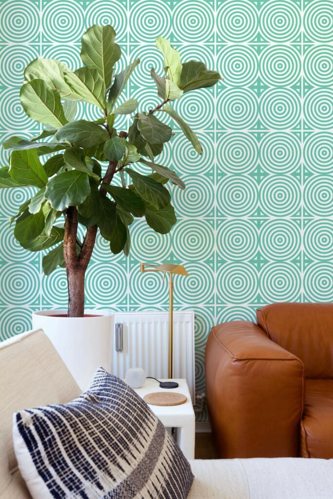 Mid-century style living room decorated with Retro geometric circle peel and stick wallpaper