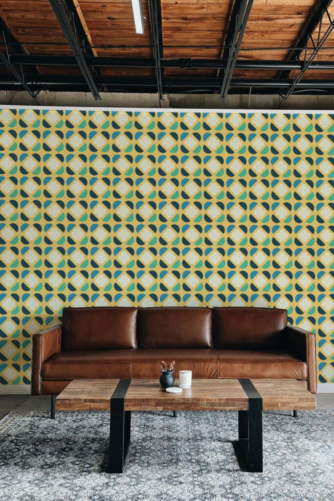 Industrial rustic style living room decorated with Retro geometric flowers peel and stick wallpaper