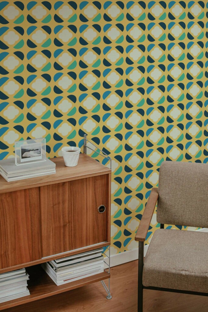 Mid-century style living room decorated with Retro geometric flowers peel and stick wallpaper