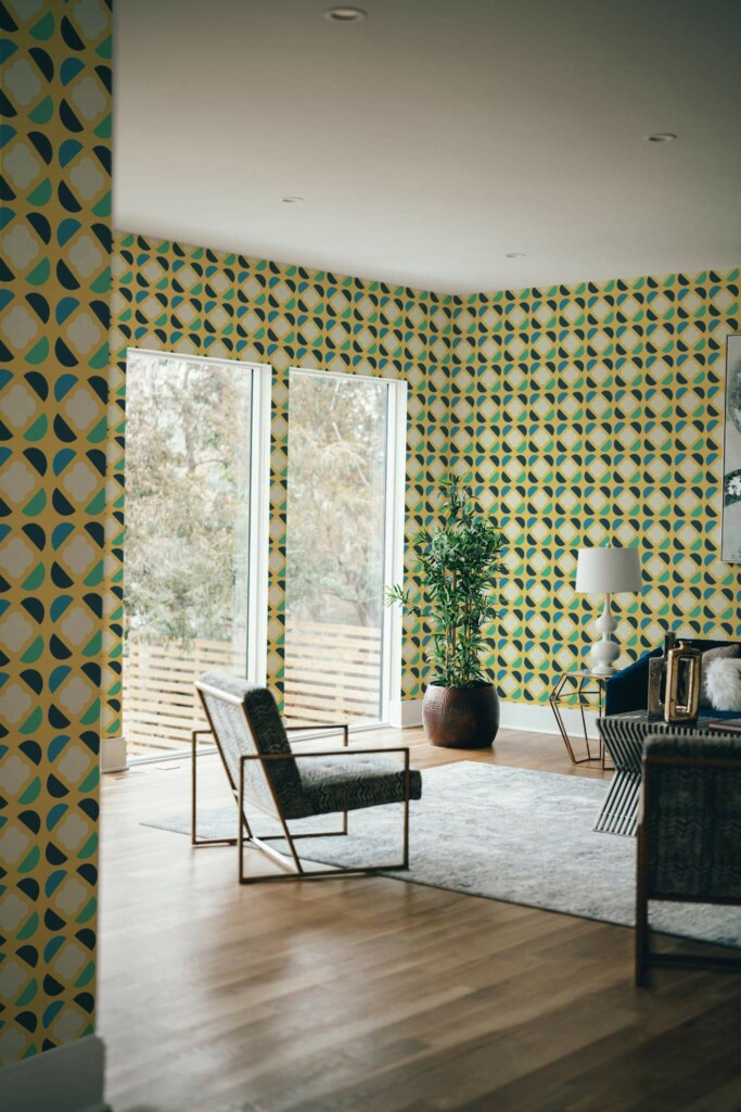 Modern style living room decorated with Retro geometric flowers peel and stick wallpaper