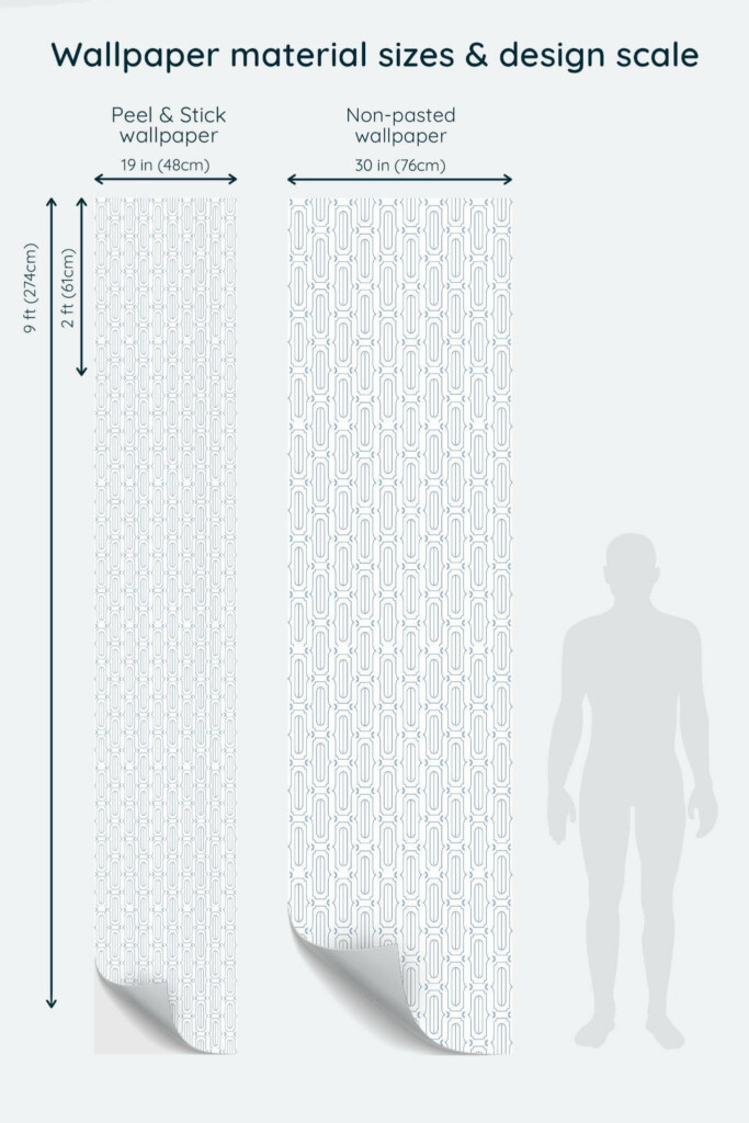 Size comparison of Retro geometric ornament Peel & Stick and Non-pasted wallpapers with design scale relative to human figure