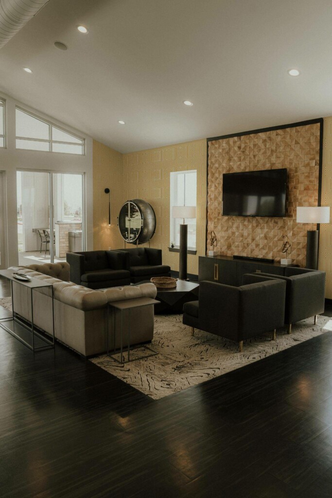 Hollywood glam style living room decorated with Retro geometric peel and stick wallpaper