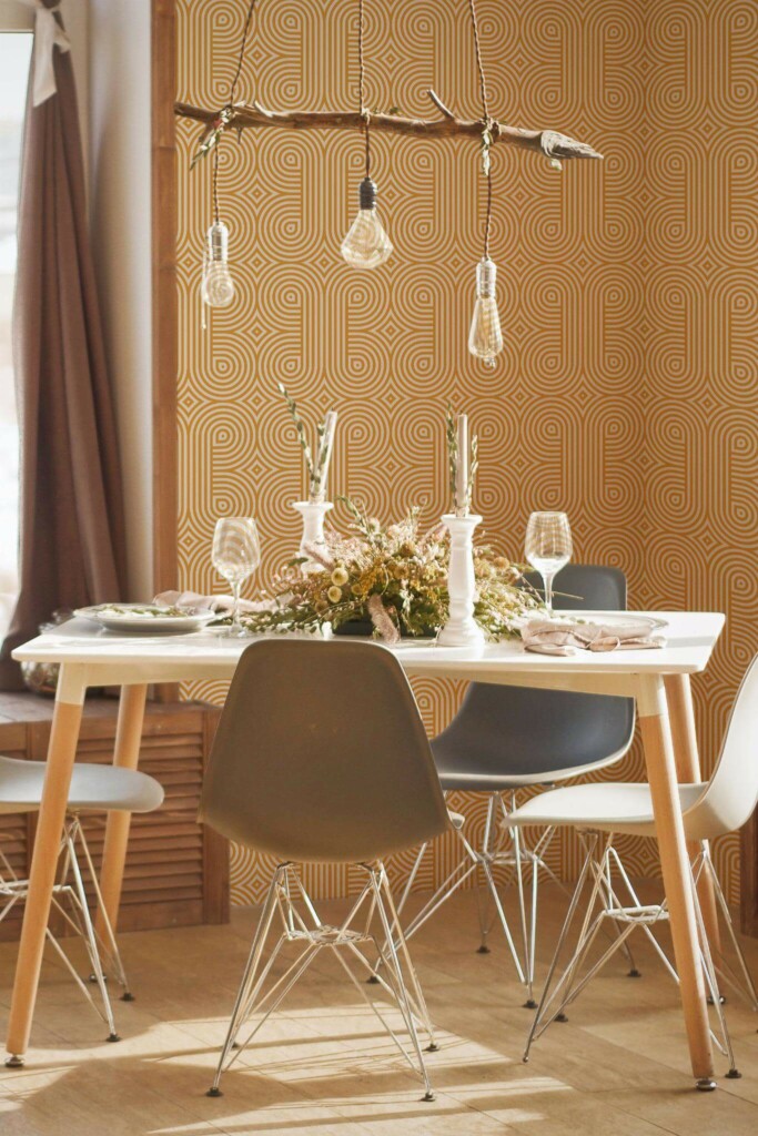 Modern boho style dining room decorated with Retro geometric peel and stick wallpaper