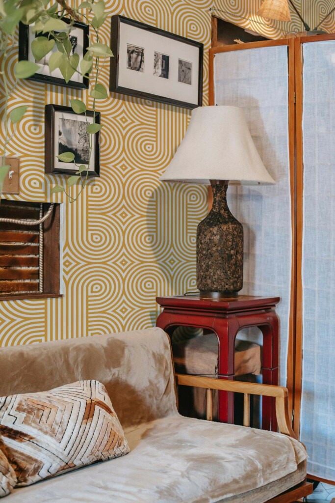 Southwestern style living room decorated with Retro geometric peel and stick wallpaper