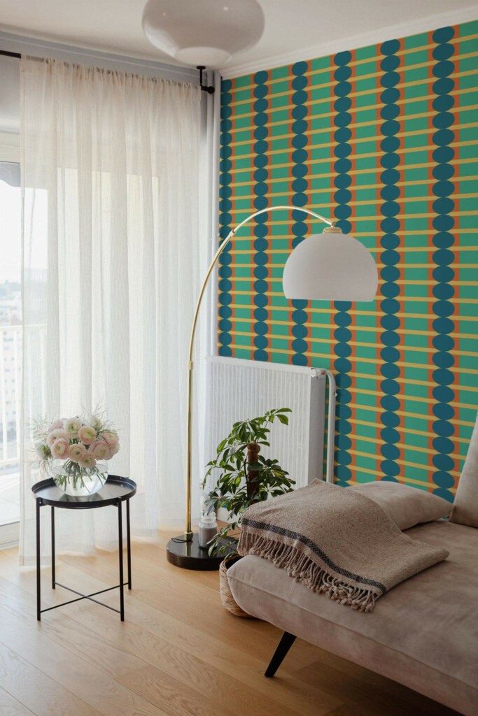Bohemian Scandinavian style living room decorated with Retro geometry peel and stick wallpaper