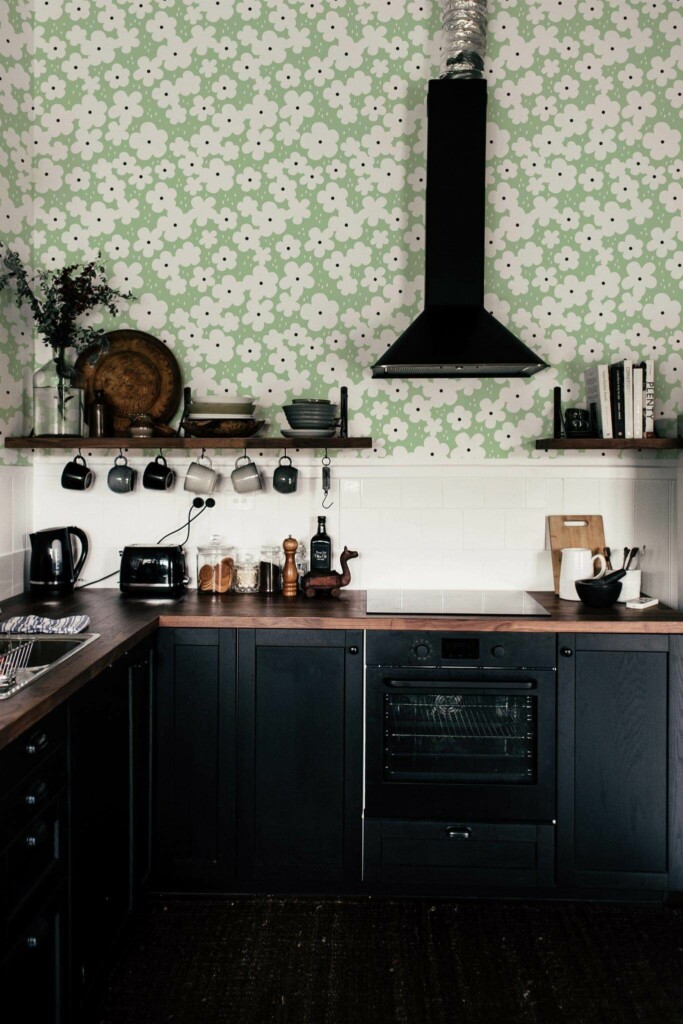 Dark industrial style kitchen decorated with Retro green floral peel and stick wallpaper