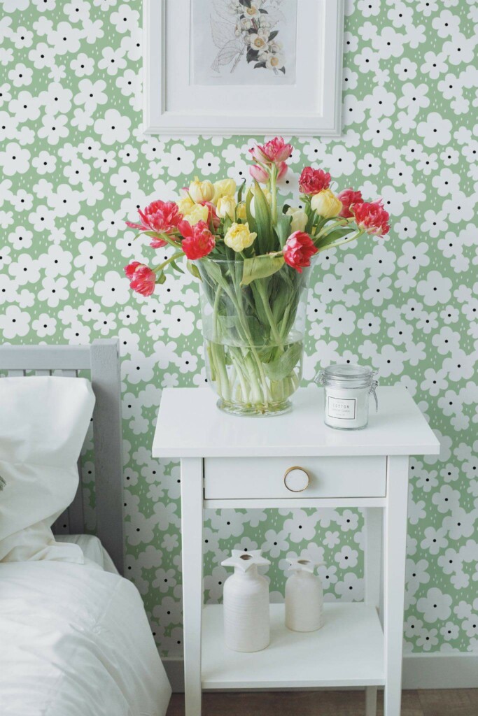 Farmhouse style bedroom decorated with Retro green floral peel and stick wallpaper