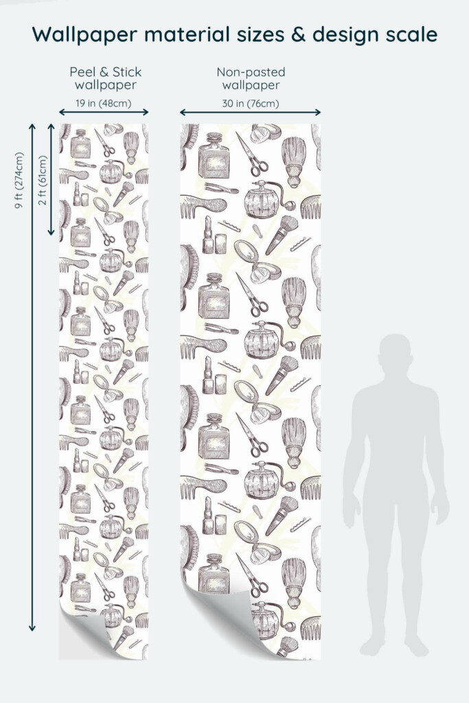 Size comparison of Retro Hairdresser Peel & Stick and Non-pasted wallpapers with design scale relative to human figure