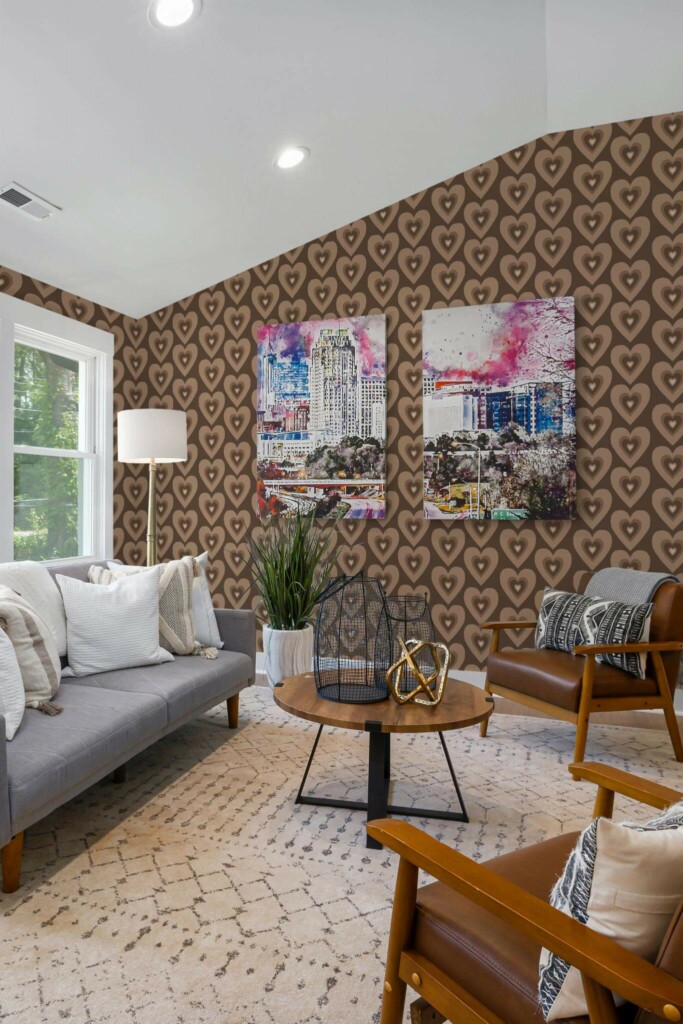 Mid-century modern style living room decorated with Retro hearts peel and stick wallpaper and colorful funky artwork
