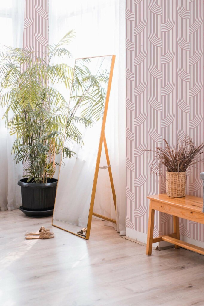 Boho style powder corner decorated with Retro lines peel and stick wallpaper