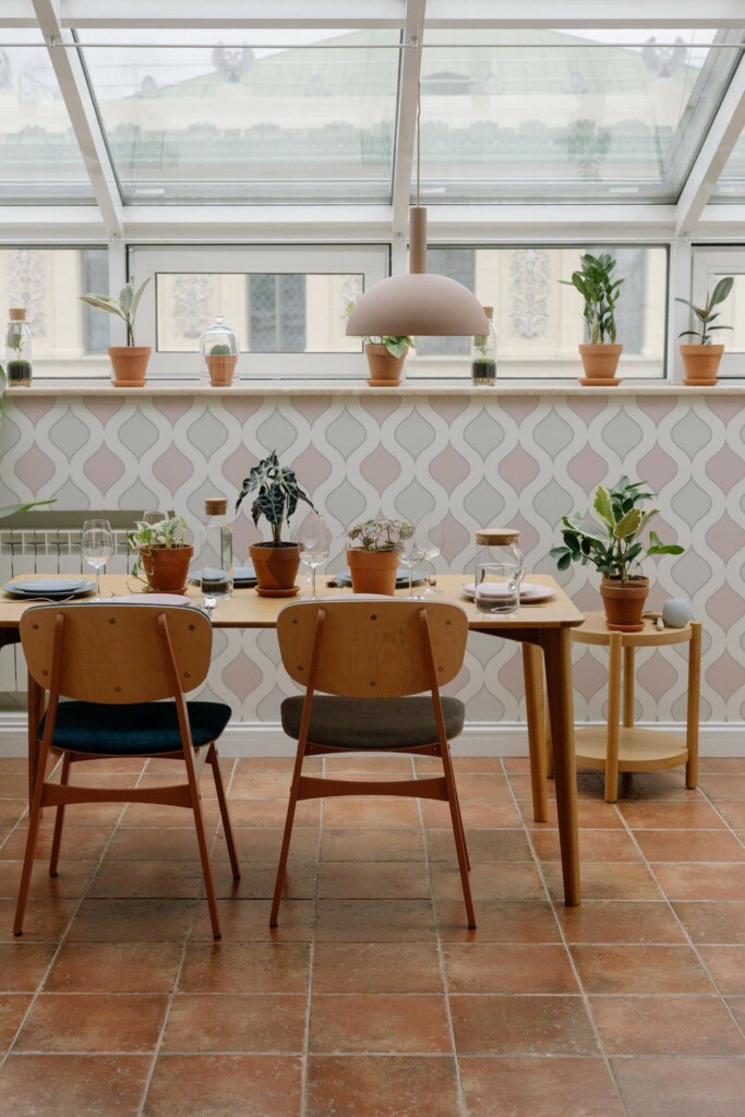 MId-century modern style dining room on a balcony decorated with Retro ogee peel and stick wallpaper