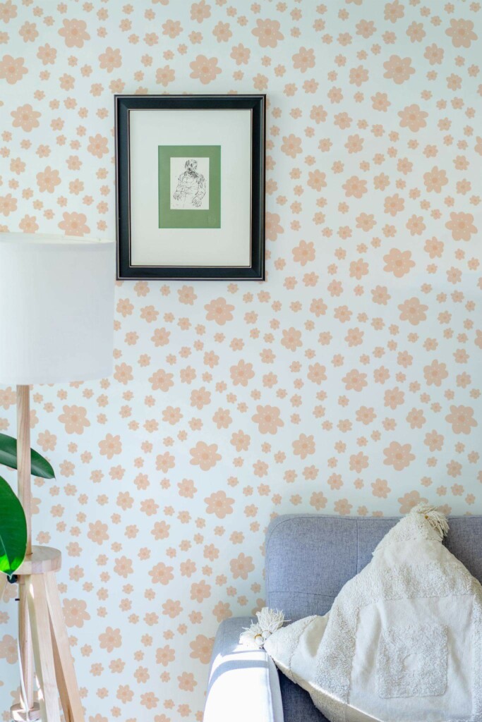Eastern European style living room decorated with Retro orange floral peel and stick wallpaper