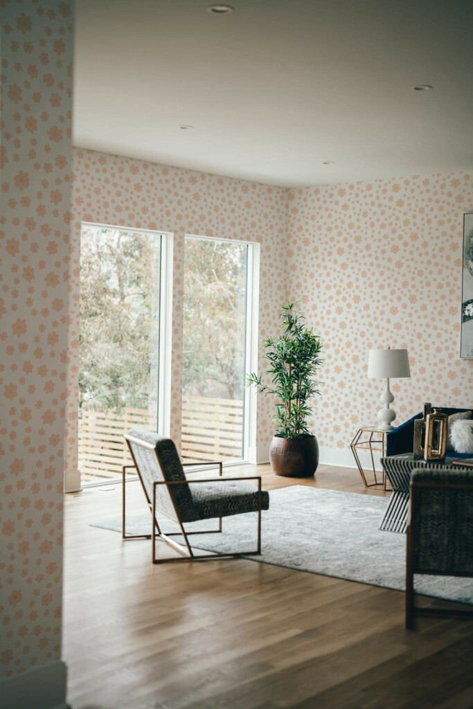 Modern style living room decorated with Retro orange floral peel and stick wallpaper