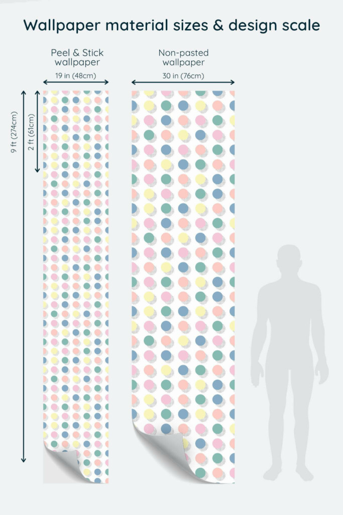 Size comparison of Retro pastel dots Peel & Stick and Non-pasted wallpapers with design scale relative to human figure