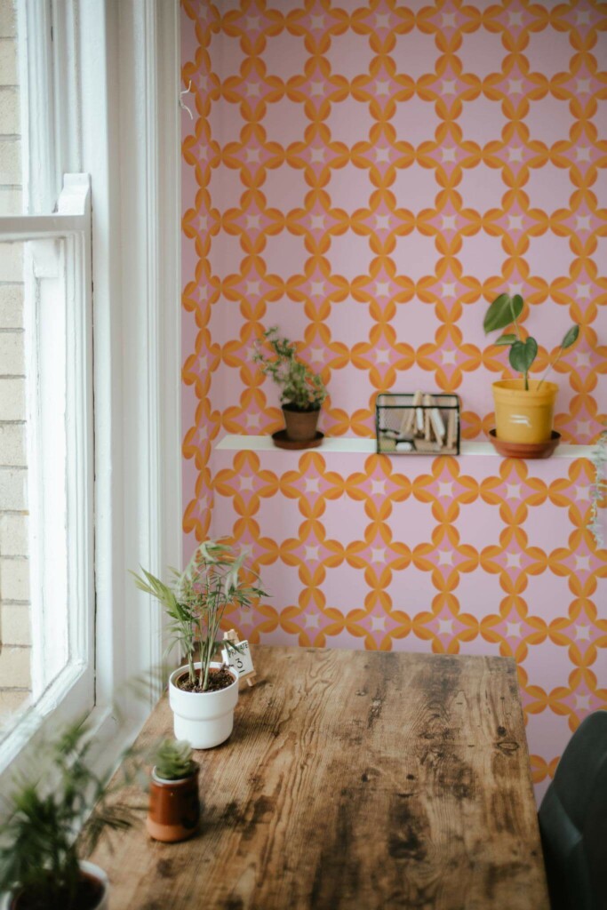 Farmhouse style home office decorated with Retro pink peel and stick wallpaper