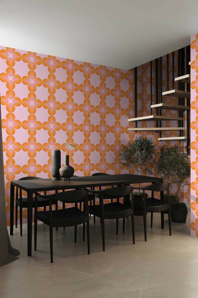 Modern industrial style dining room decorated with Retro pink peel and stick wallpaper