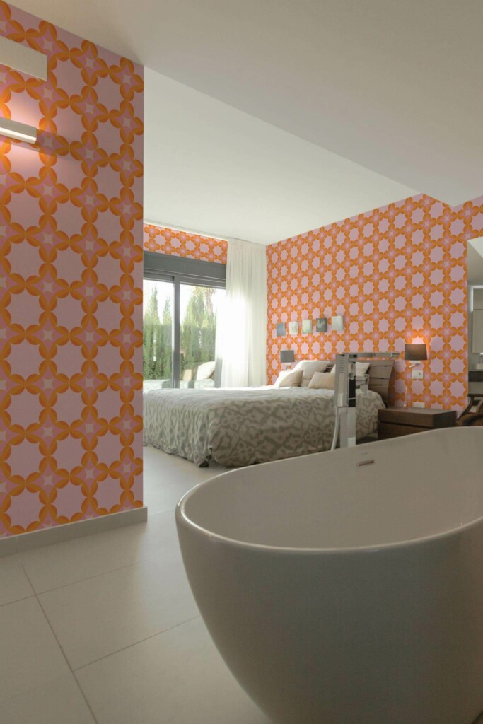 Modern style bedroom with open bathroom decorated with Retro pink peel and stick wallpaper