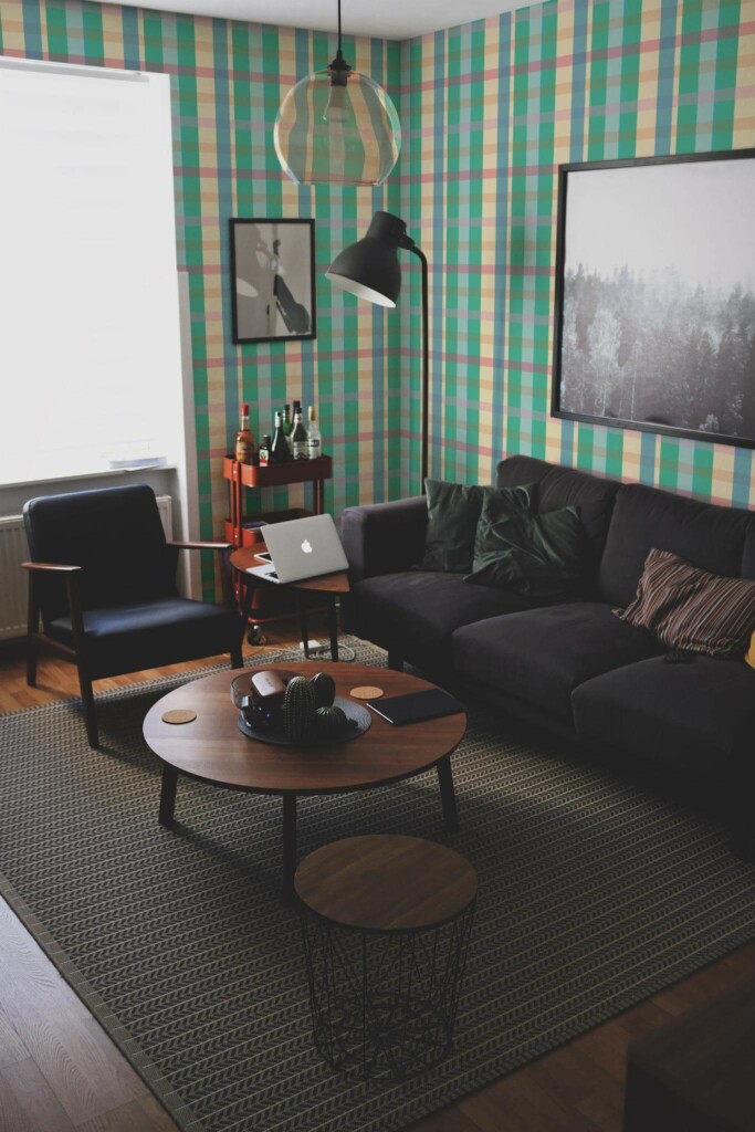 Modern dark industrial style living room decorated with Retro plaid peel and stick wallpaper
