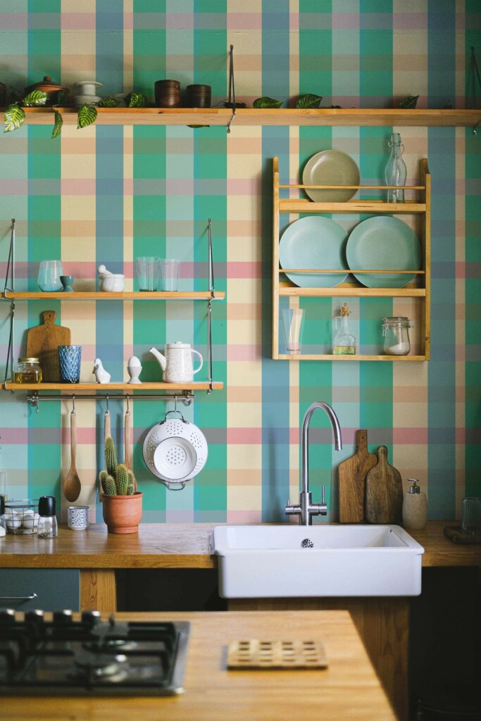 Rustic farmhouse style kitchen decorated with Retro plaid peel and stick wallpaper