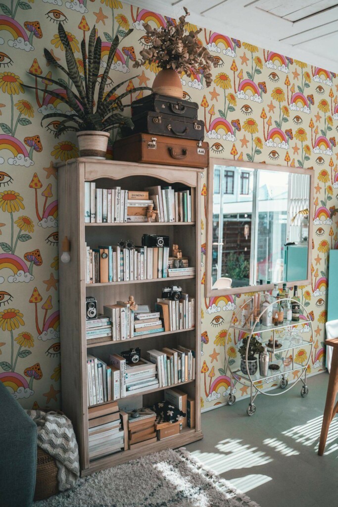 Farmhouse style living room decorated with Retro psychedelic peel and stick wallpaper