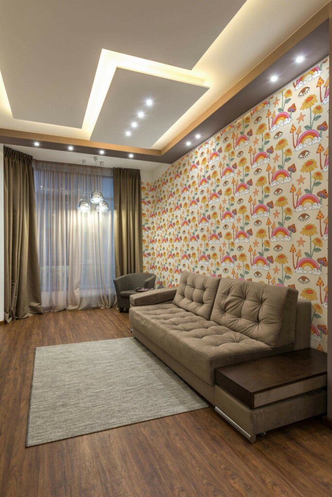 Modern Eastern European style living room decorated with Retro psychedelic peel and stick wallpaper