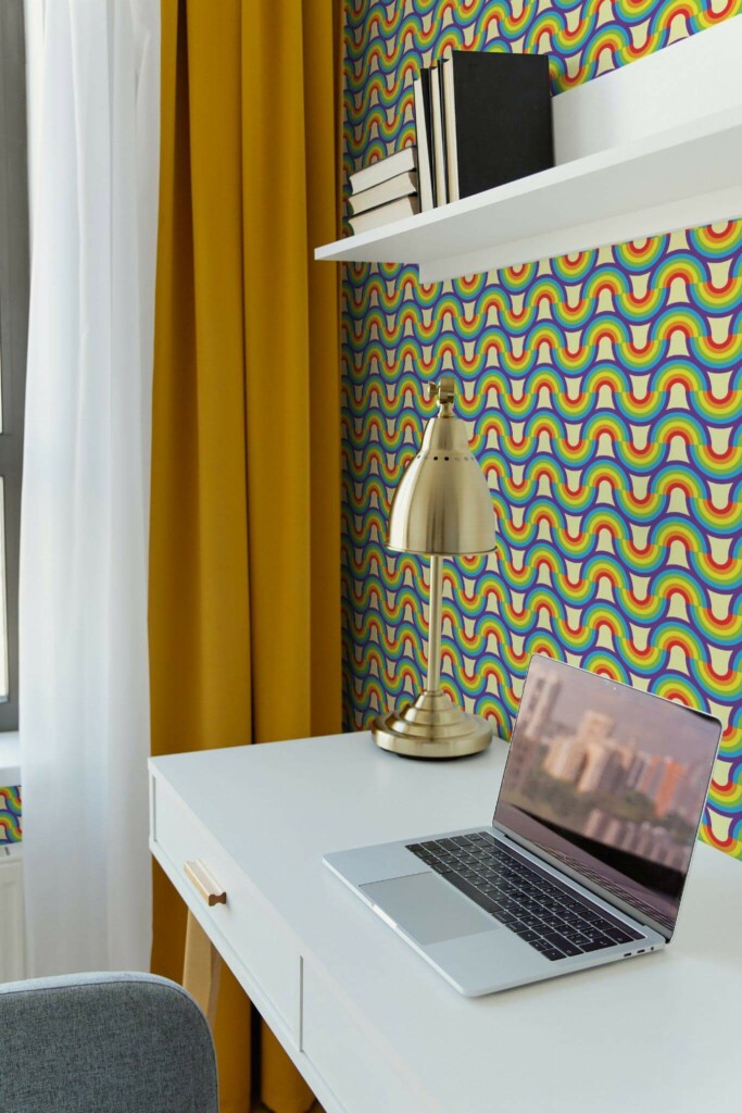 Scandinavian style home office decorated with Retro rainbow waves peel and stick wallpaper