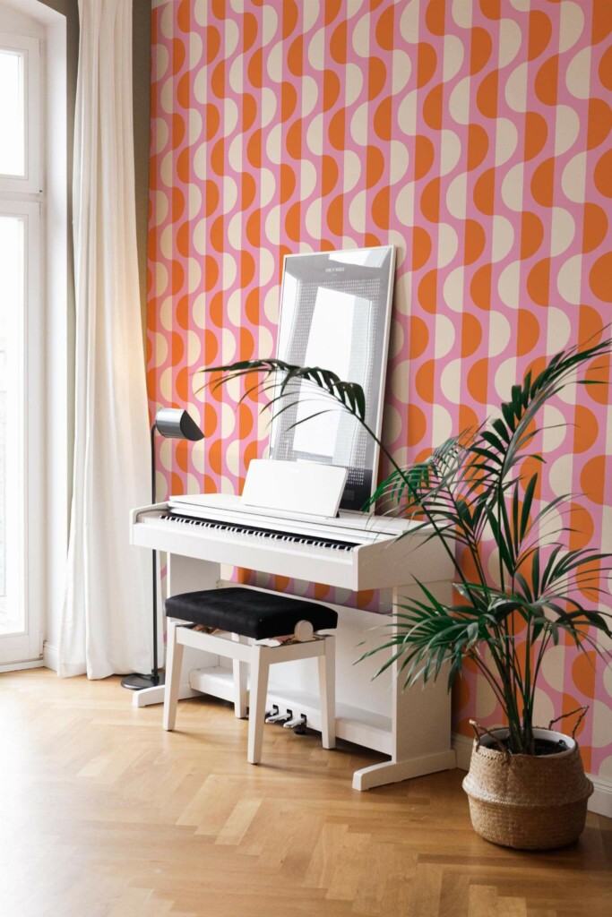 Modern style living room with a piano decorated with Retro semi-circles peel and stick wallpaper