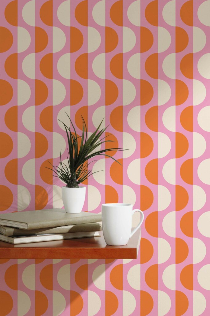 Scandinavian style accent wall decorated with Retro semi-circles peel and stick wallpaper