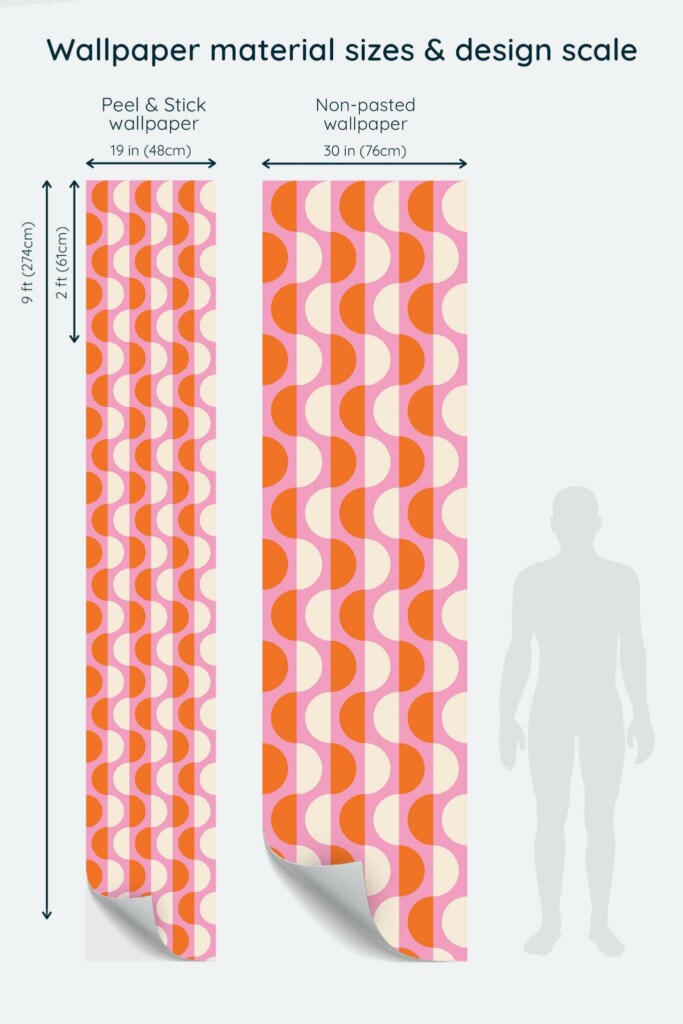 Size comparison of Retro semi-circles Peel & Stick and Non-pasted wallpapers with design scale relative to human figure