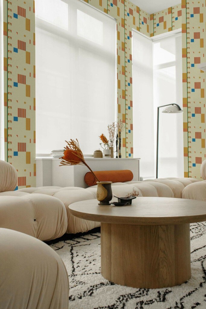 Contemporary style living room decorated with Retro shapes peel and stick wallpaper