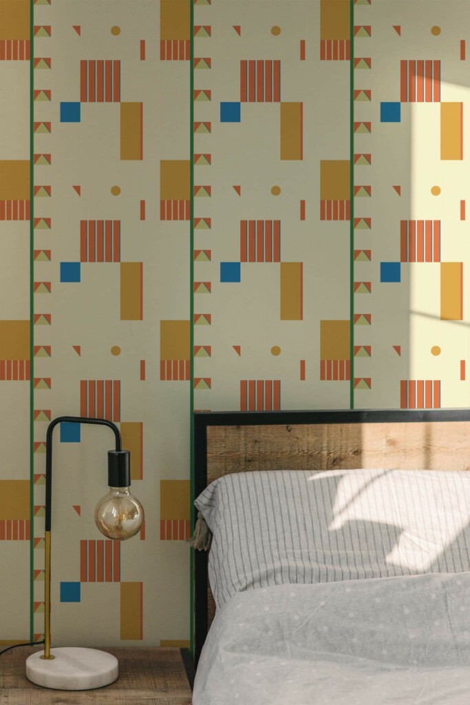 Minimal modern style bedroom decorated with Retro shapes peel and stick wallpaper