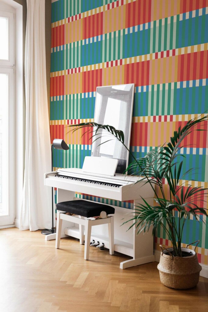 Modern style living room with a piano decorated with Retro stripes peel and stick wallpaper