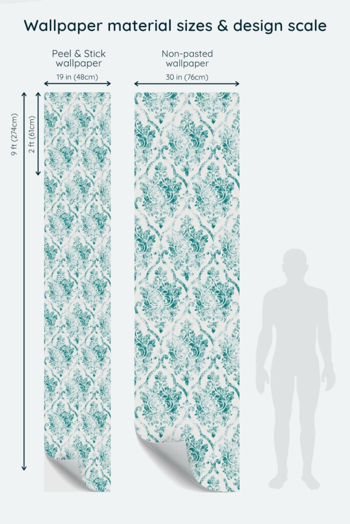 Size comparison of Retro Teal Elegance Peel & Stick and Non-pasted wallpapers with design scale relative to human figure