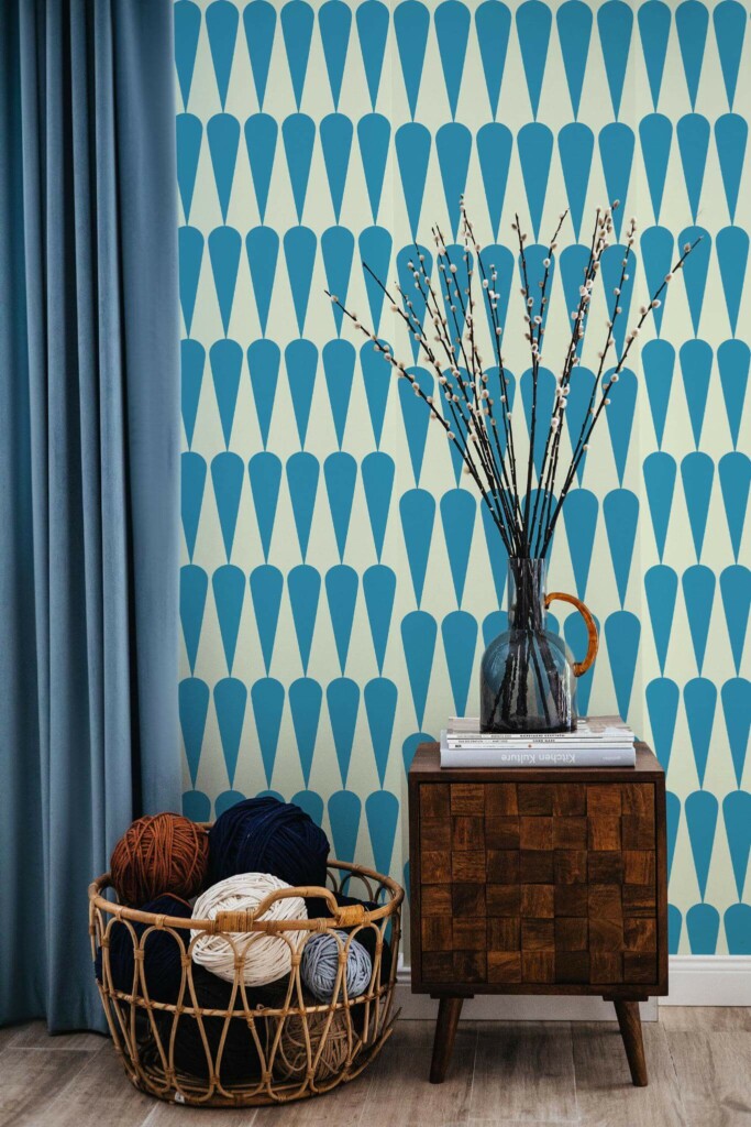 Coastal style living room decorated with Retro textile inspired peel and stick wallpaper