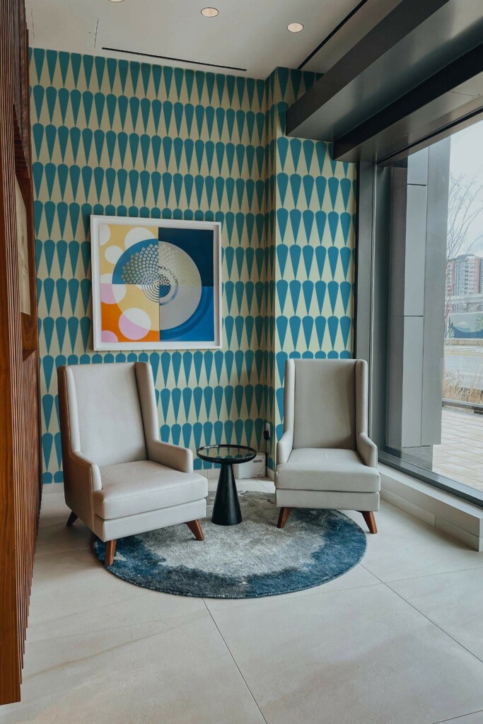 Mid-century-modern style living room decorated with Retro textile inspired peel and stick wallpaper