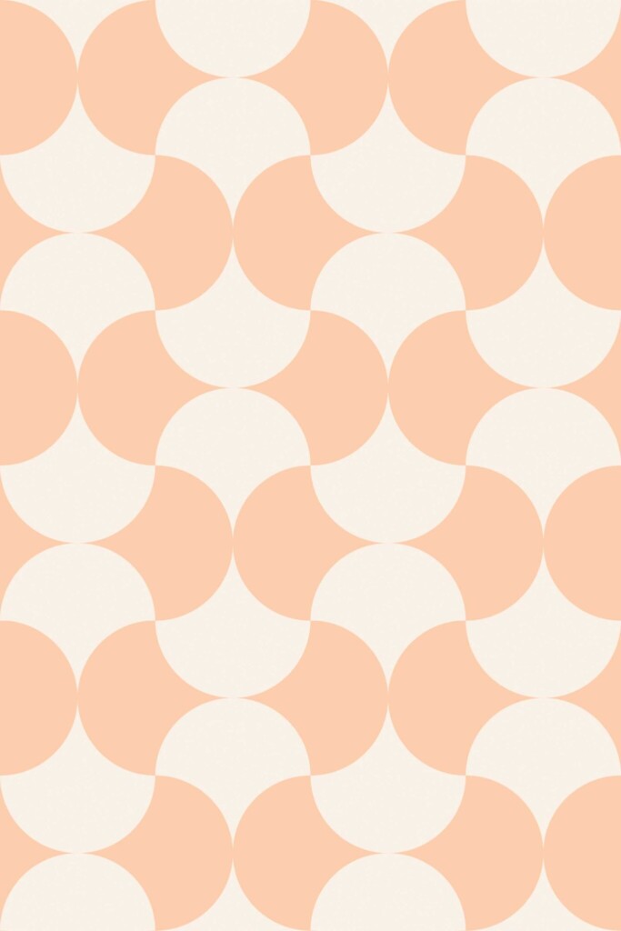 Close-up view of Cute Bakery Peach Tiles wallpaper featuring a retro geometric tile pattern in soft peach and cream tones. The bold mid-century curves create a playful and cozy atmosphere, ideal for eclectic kitchens or bakery interiors.