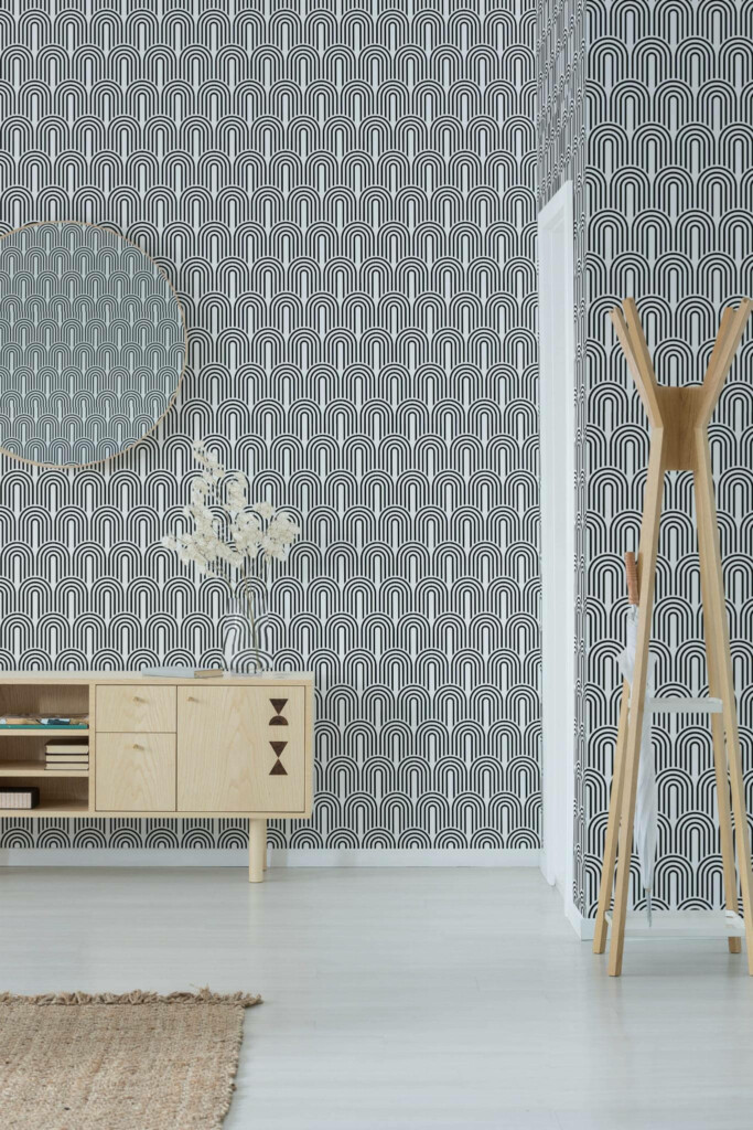 Minimal style entryway decorated with Retro twenties peel and stick wallpaper